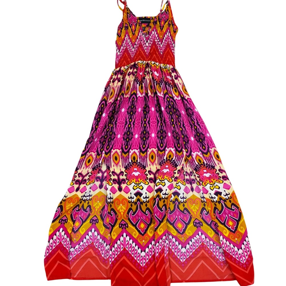 Marianne Maxi Dress Womens Medium Pink Orange Ikat Smocked Boho Lace-up Summer